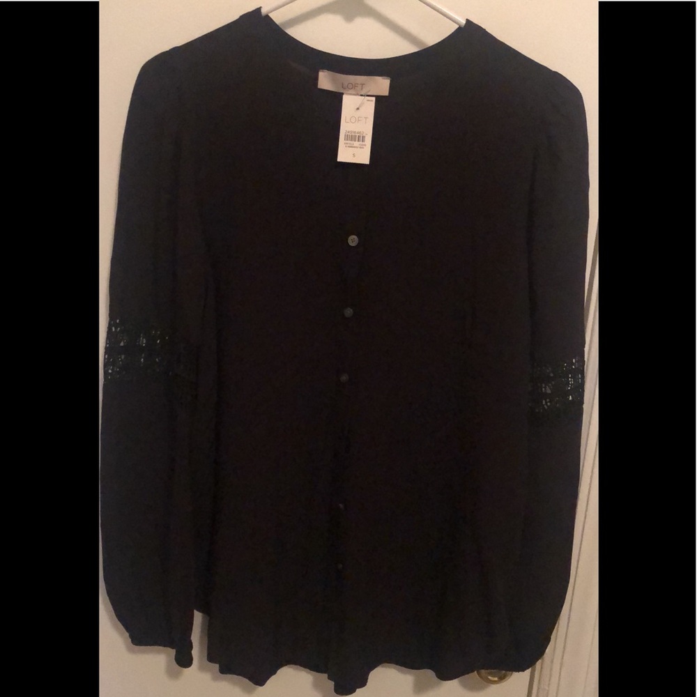NWT Loft black lace inset sleeve long sleeve Henley blouse